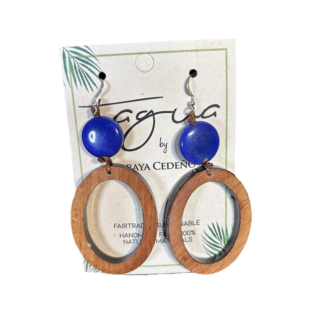 Tagua Nut Earrings Blue And Tan Unique Handmade 100% Natural Ecuador